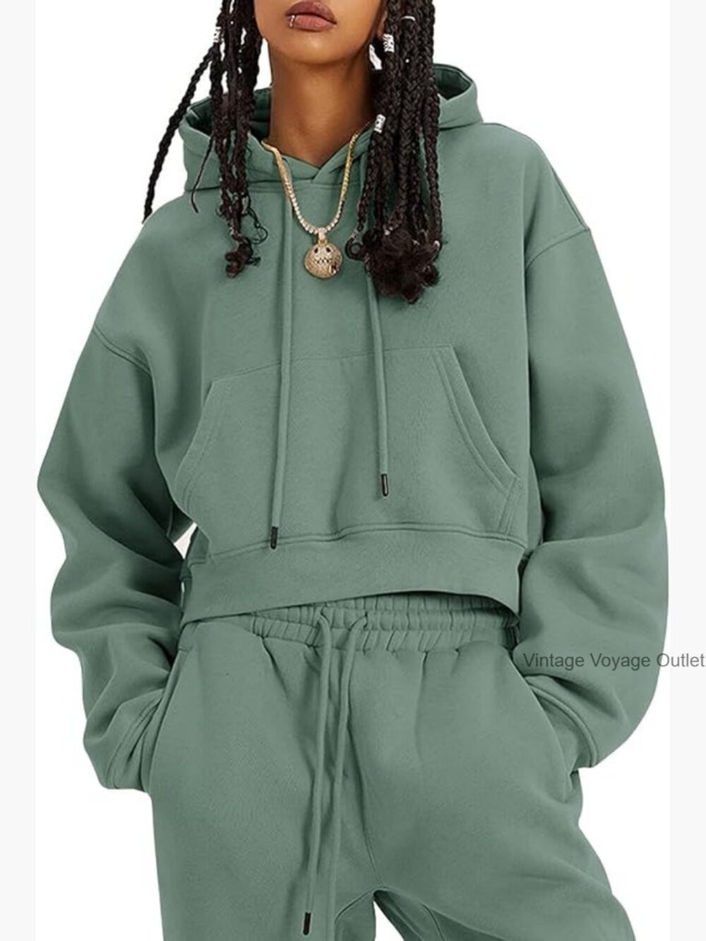 Women's Fleece 2-Piece Crop Hoodie and Jogger Sweatsuit Set